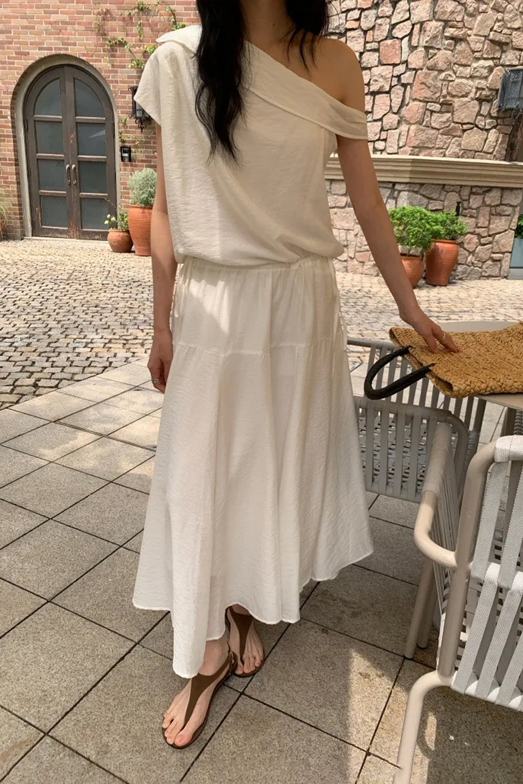 White One Shoulder Maxi Dress with Cinched Waist