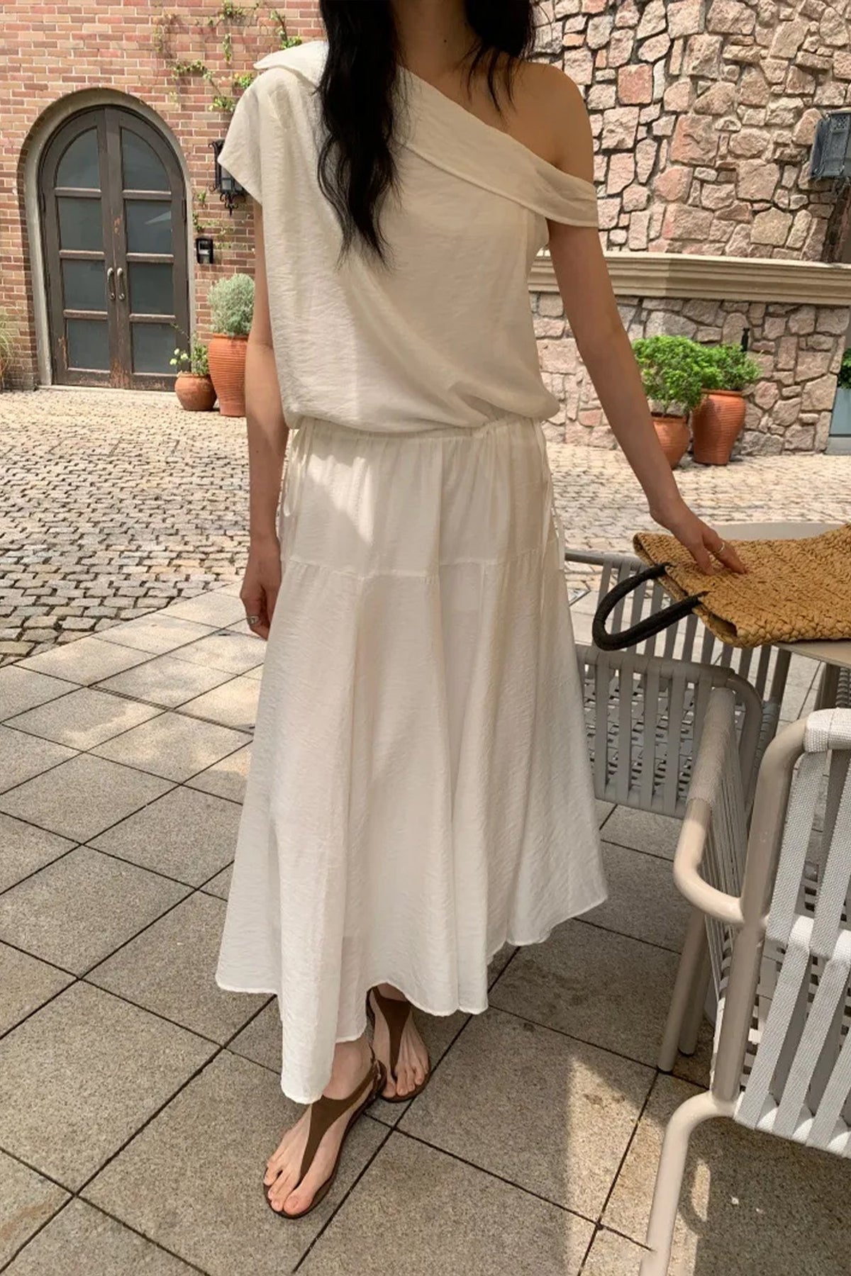 White One Shoulder Maxi Dress with Cinched Waist