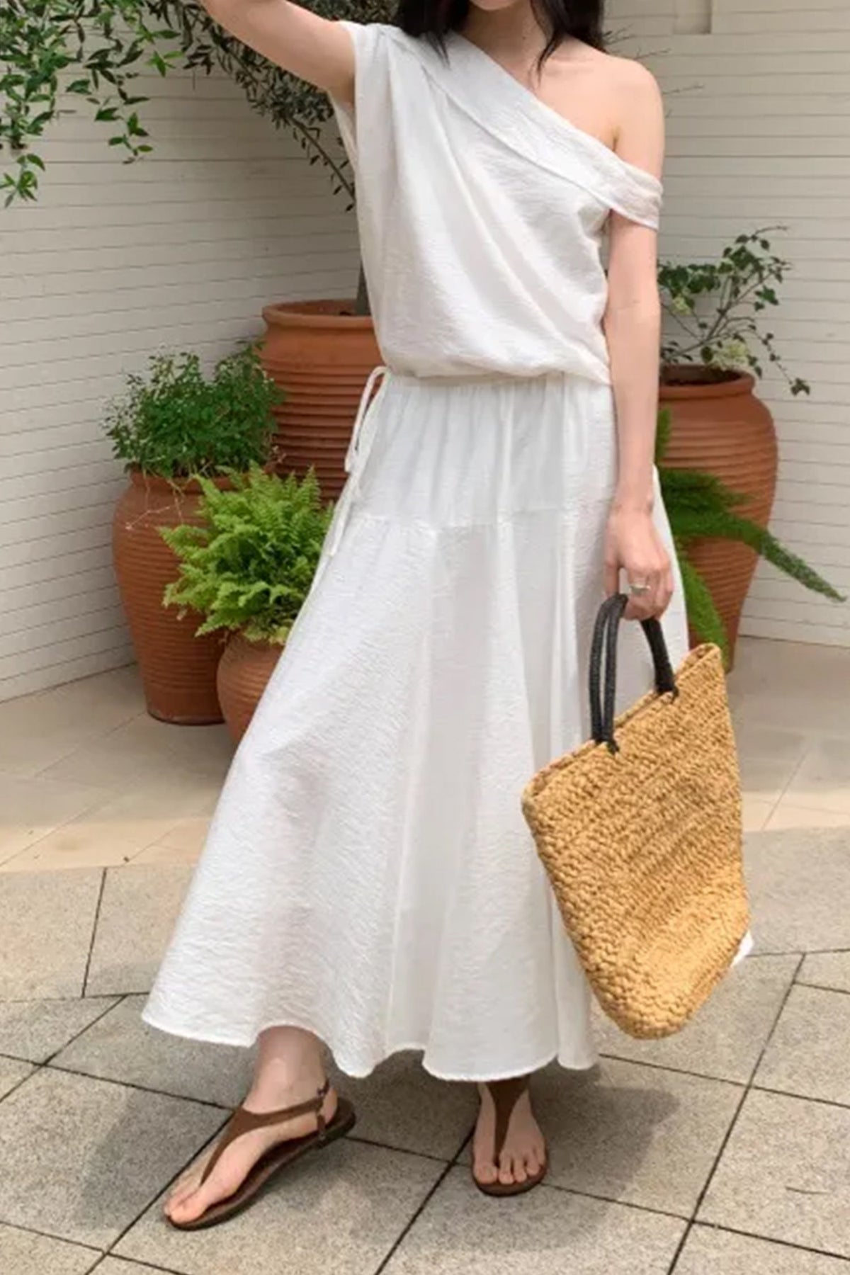 White One Shoulder Maxi Dress with Cinched Waist