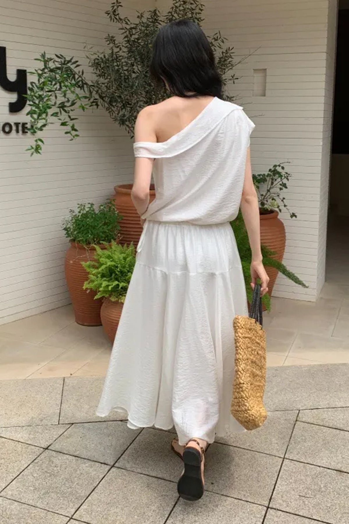 White One Shoulder Maxi Dress with Cinched Waist