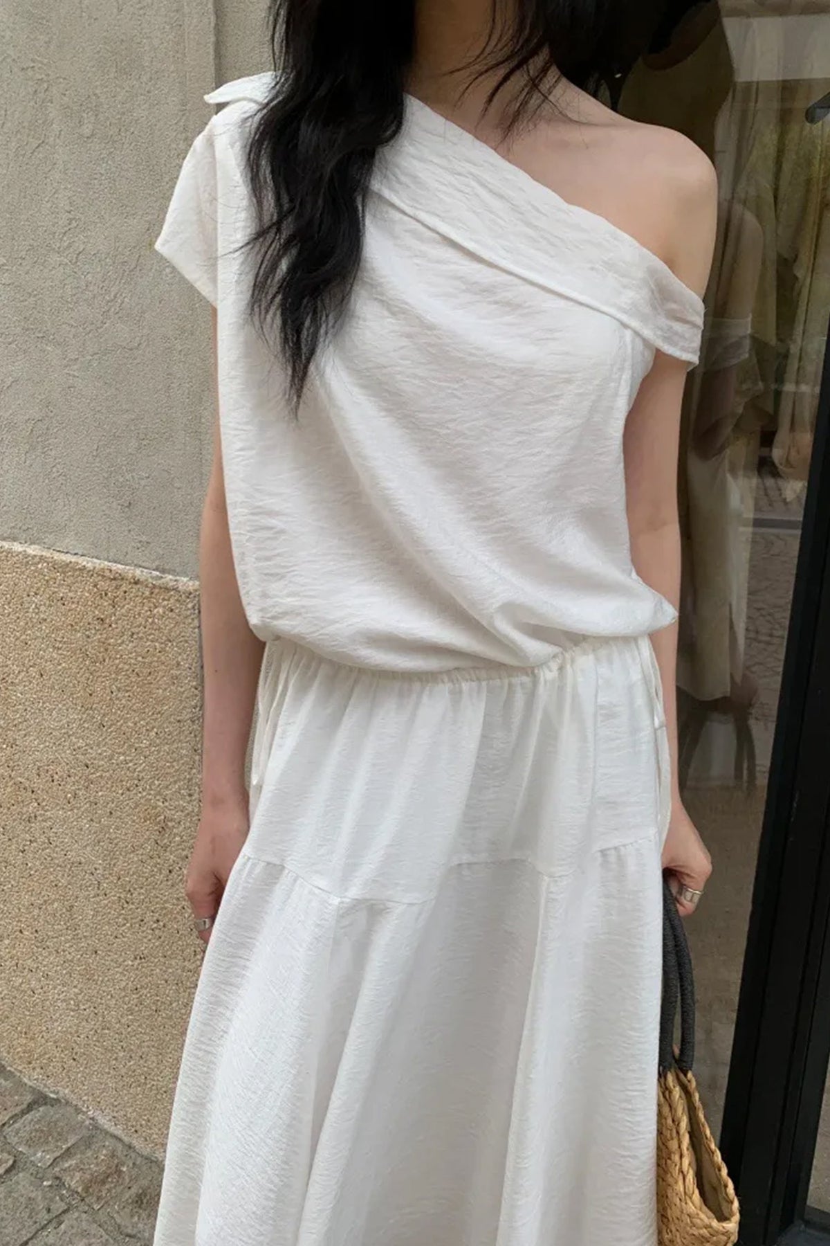 White One Shoulder Maxi Dress with Cinched Waist