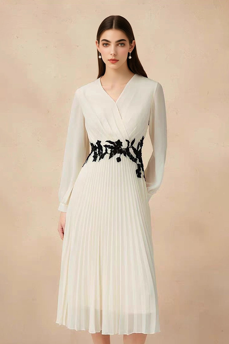 White Pleated Hand Embroidered Long-Sleeve Midi Dress