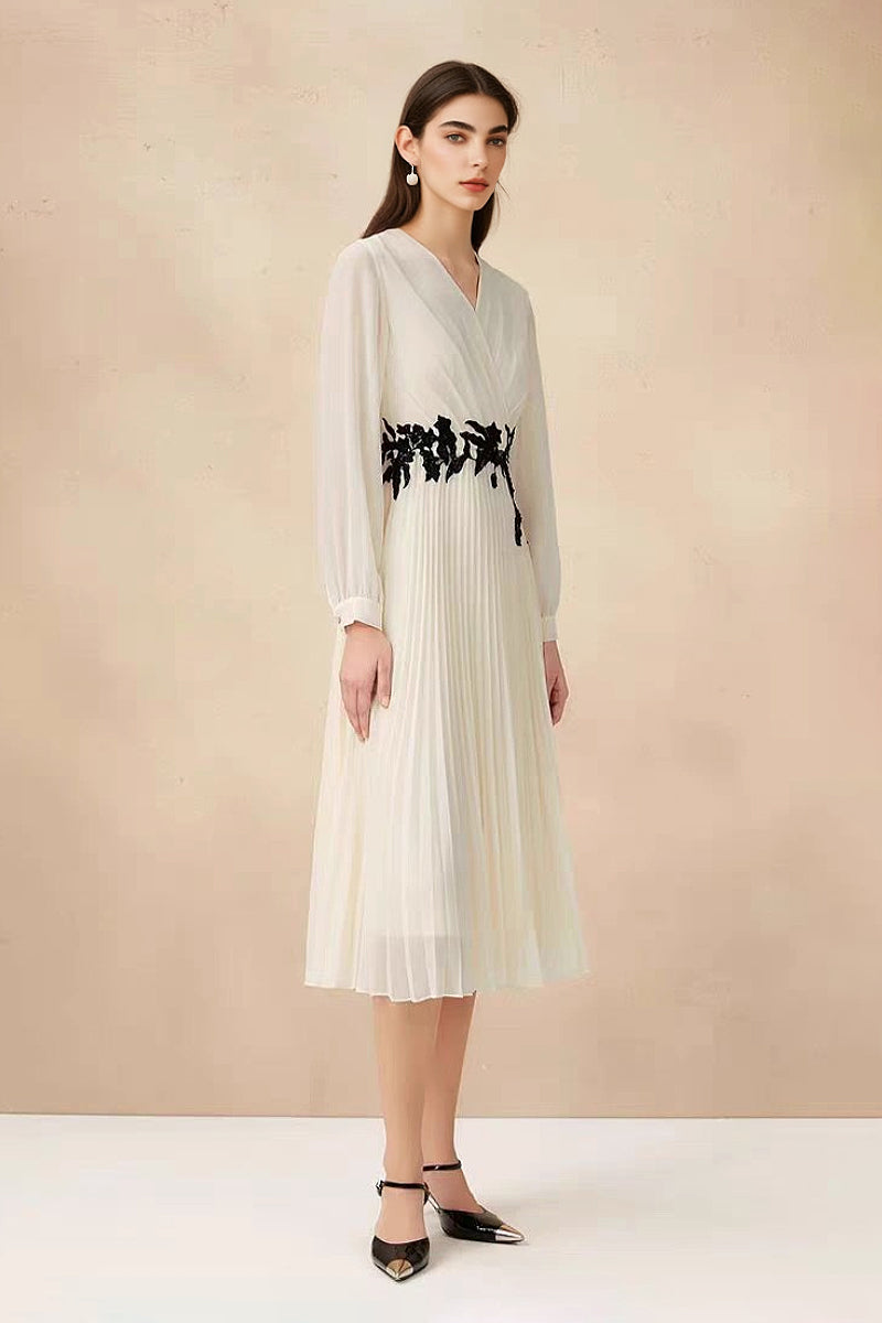 White Pleated Hand Embroidered Long-Sleeve Midi Dress