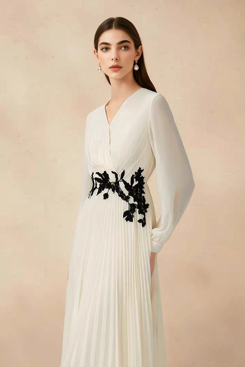 White Pleated Hand Embroidered Long-Sleeve Midi Dress
