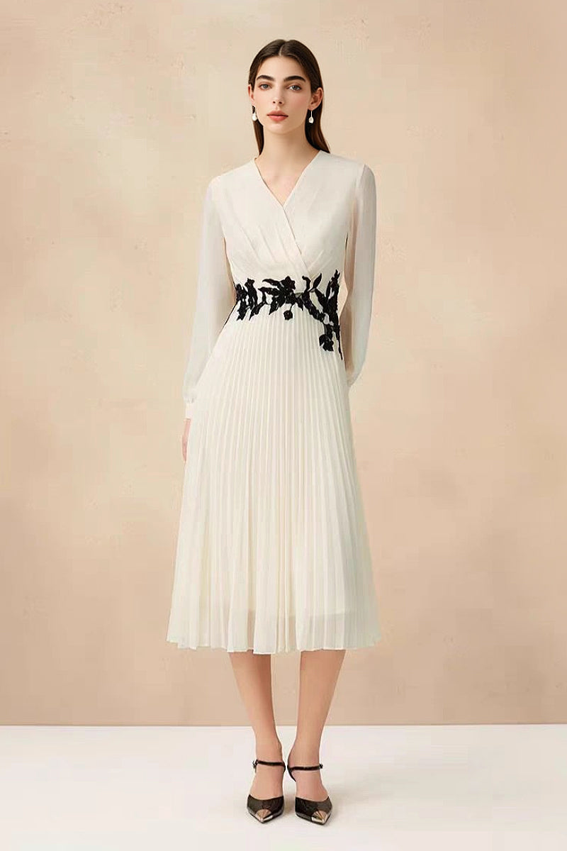 White Pleated Hand Embroidered Long-Sleeve Midi Dress