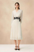 White Pleated Hand Embroidered Long-Sleeve Midi Dress