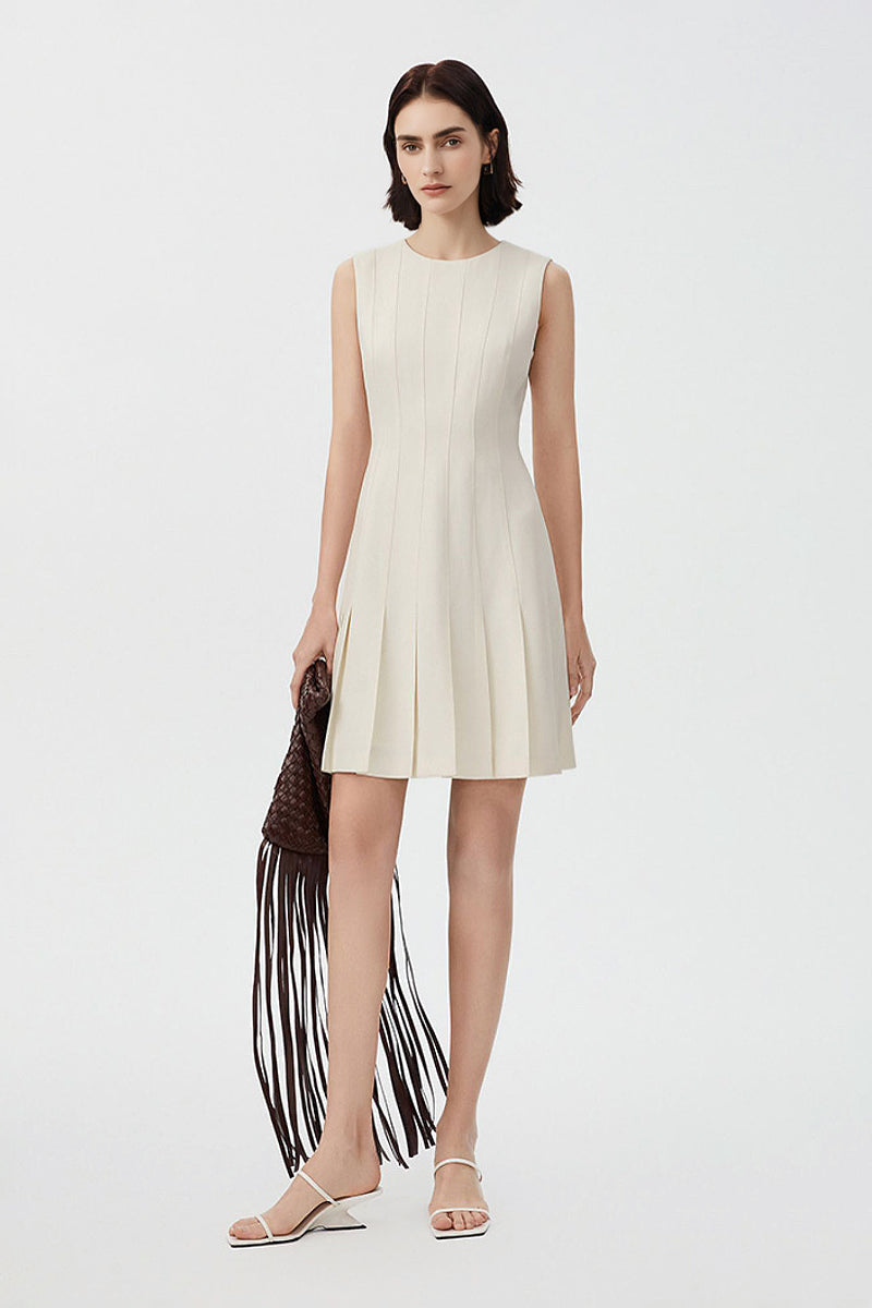 White Pleated Sleeveless A-Line Mini Dress in Triacetate
