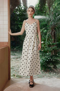 White Polka-Dot Spaghetti-Strap Midi Dress