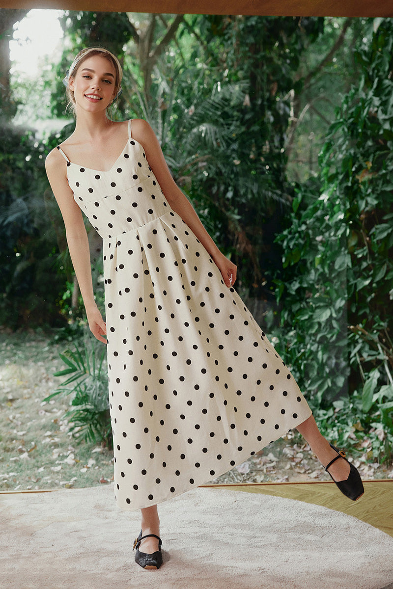 White Polka-Dot Spaghetti-Strap Midi Dress