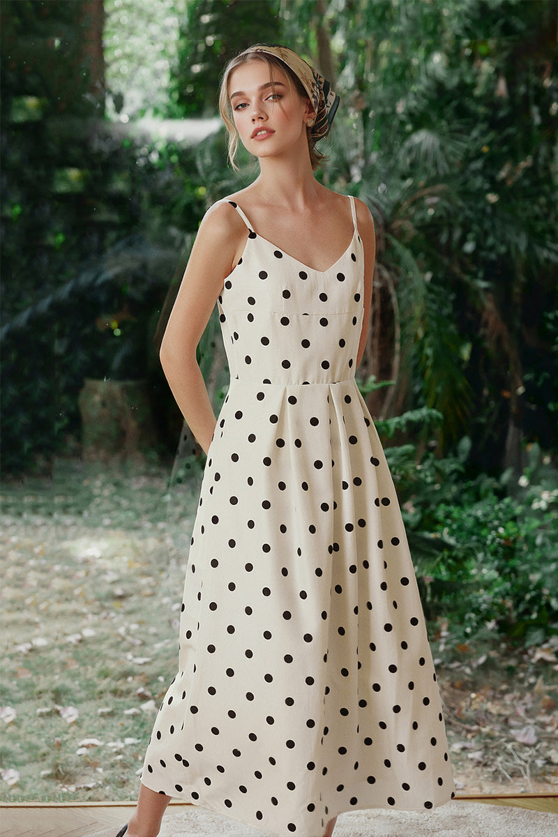 White Polka-Dot Spaghetti-Strap Midi Dress