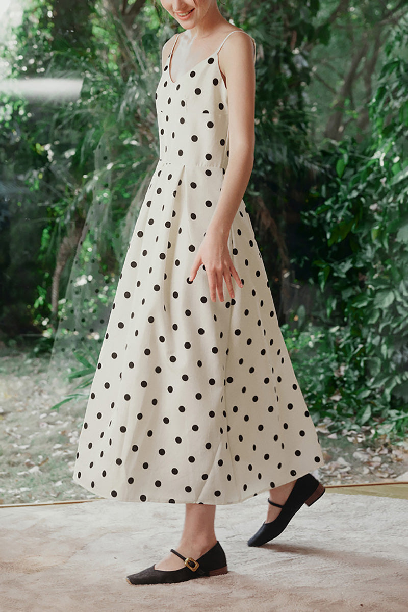 White Polka-Dot Spaghetti-Strap Midi Dress