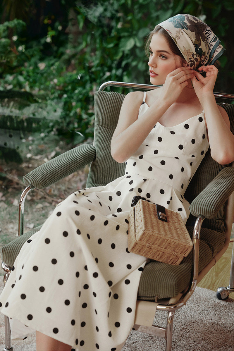 White Polka-Dot Spaghetti-Strap Midi Dress