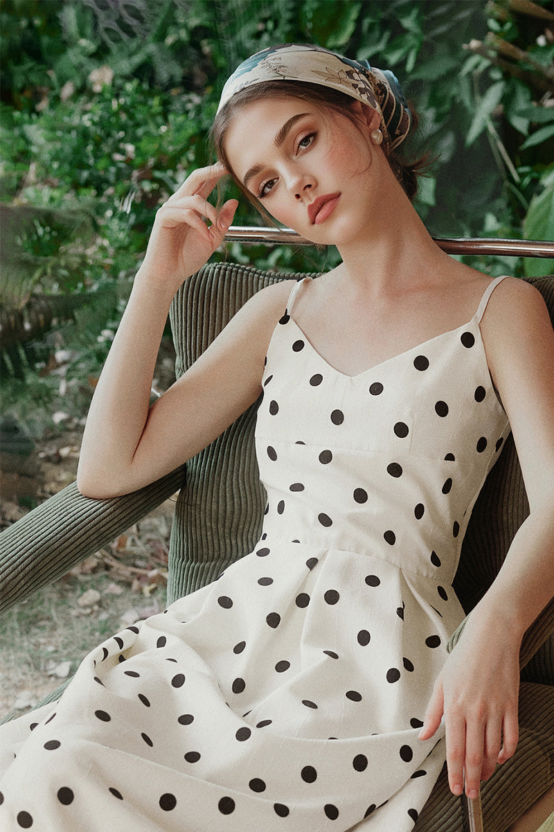 White Polka-Dot Spaghetti-Strap Midi Dress