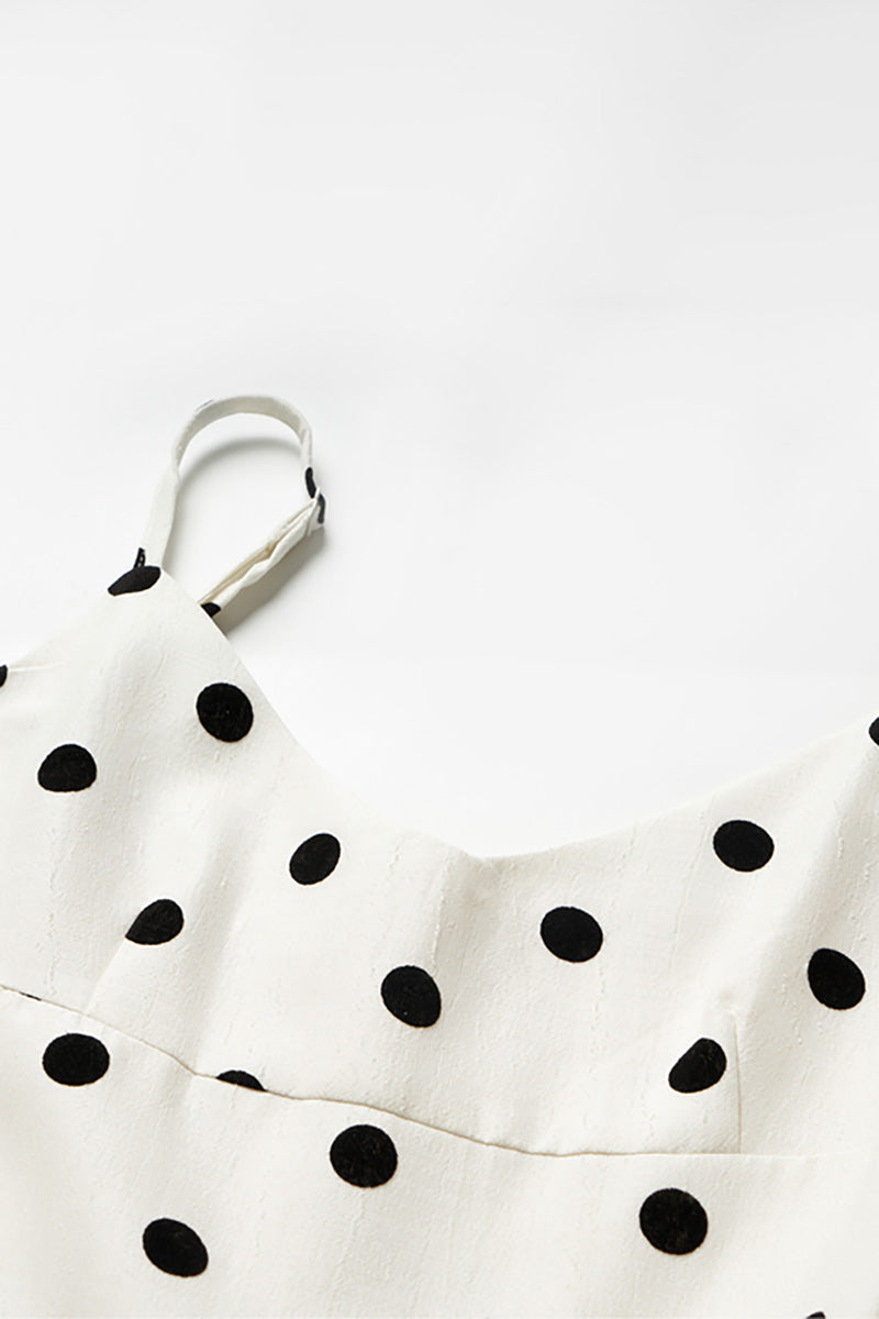White Polka-Dot Spaghetti-Strap Midi Dress