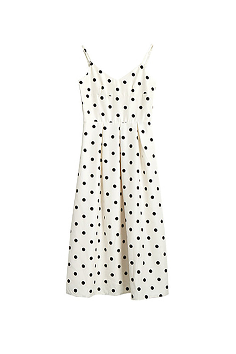 White Polka-Dot Spaghetti-Strap Midi Dress