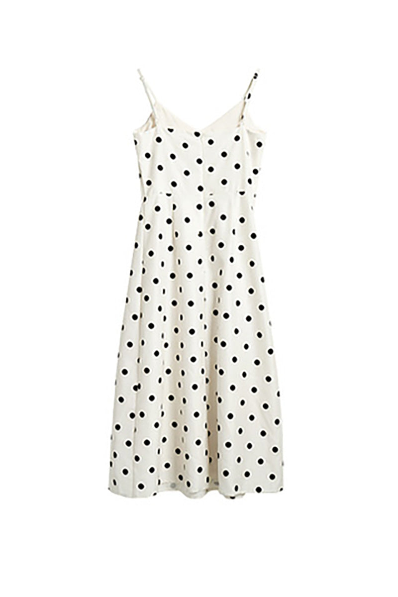 White Polka-Dot Spaghetti-Strap Midi Dress