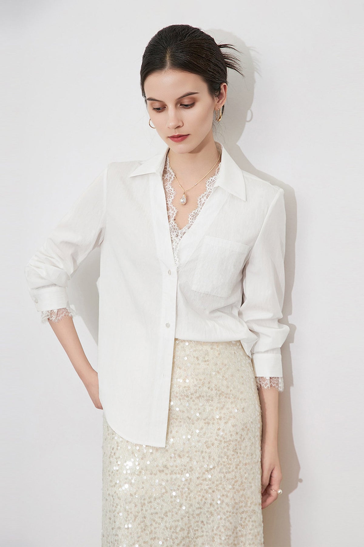 White Sheer V-Neck Lace Blouse
