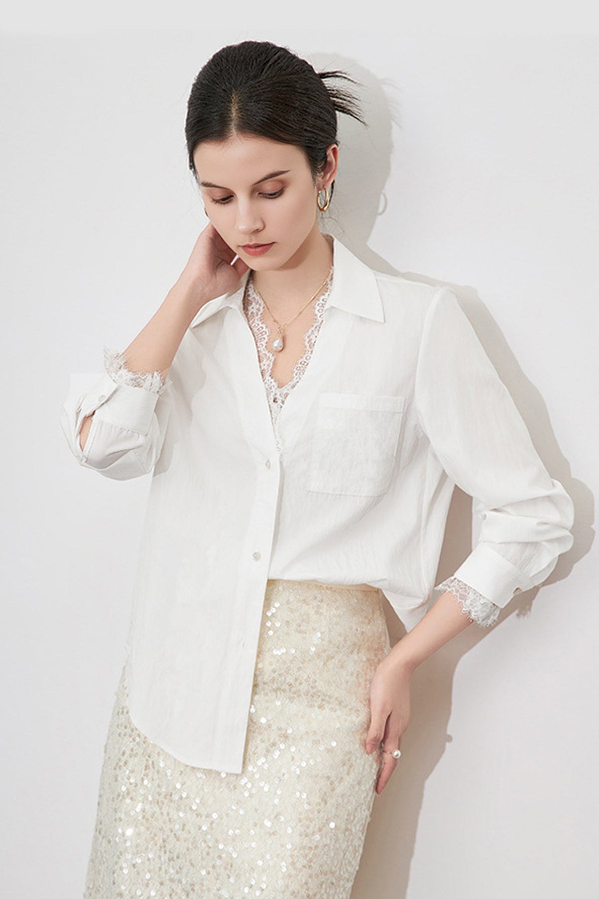White Sheer V-Neck Lace Blouse