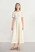 White Short-Sleeve A-Line Midi Dress