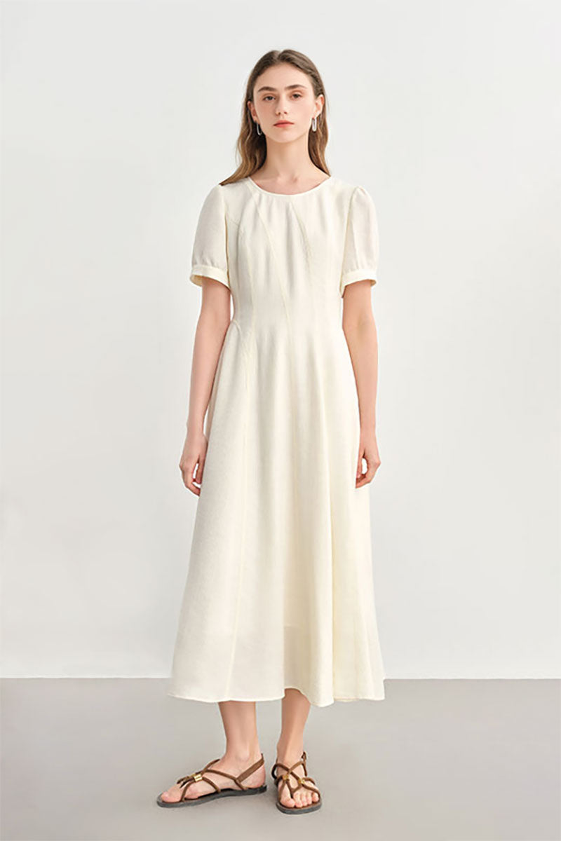 White Short-Sleeve A-Line Midi Dress