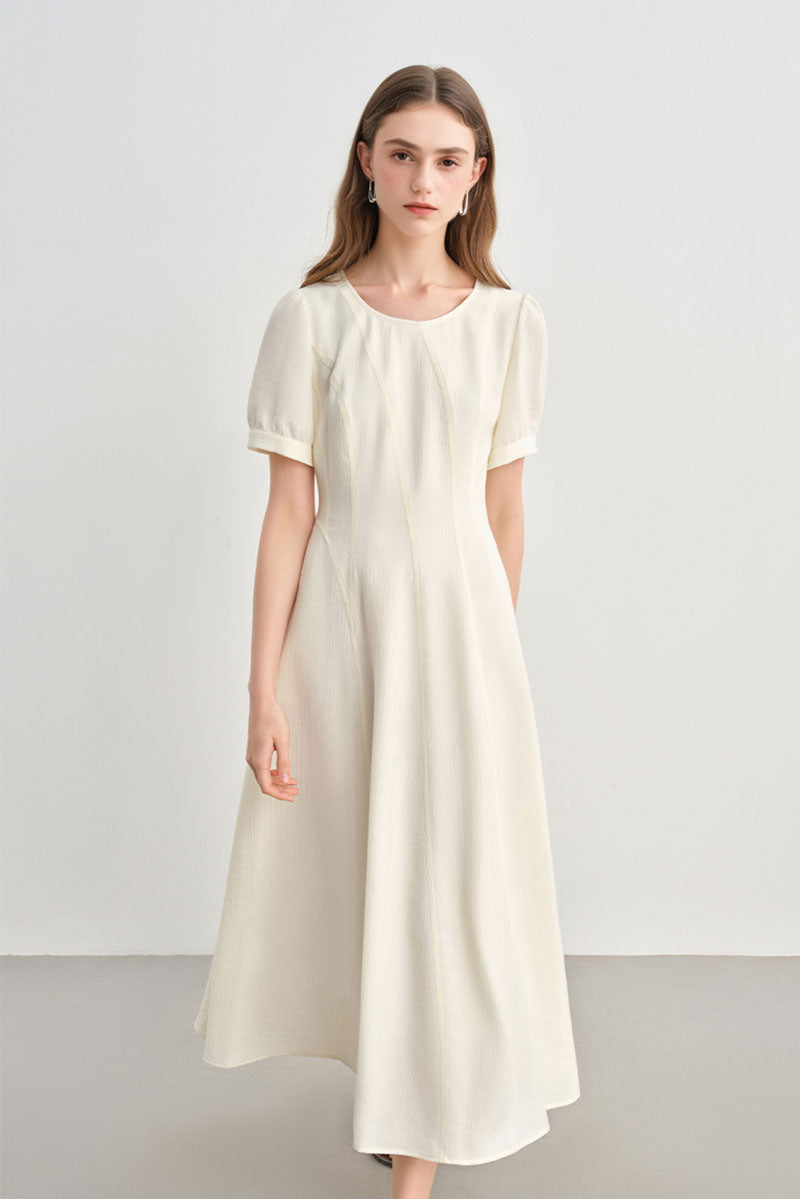 White Short-Sleeve A-Line Midi Dress