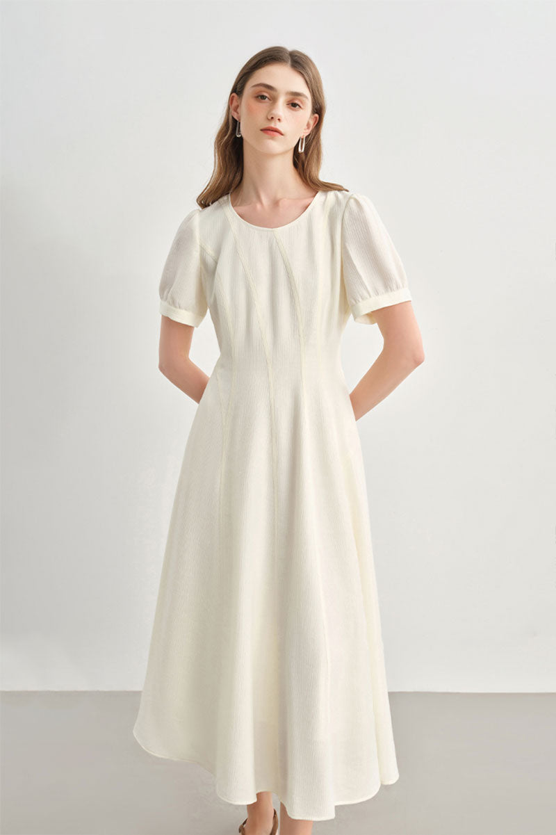 White Short-Sleeve A-Line Midi Dress