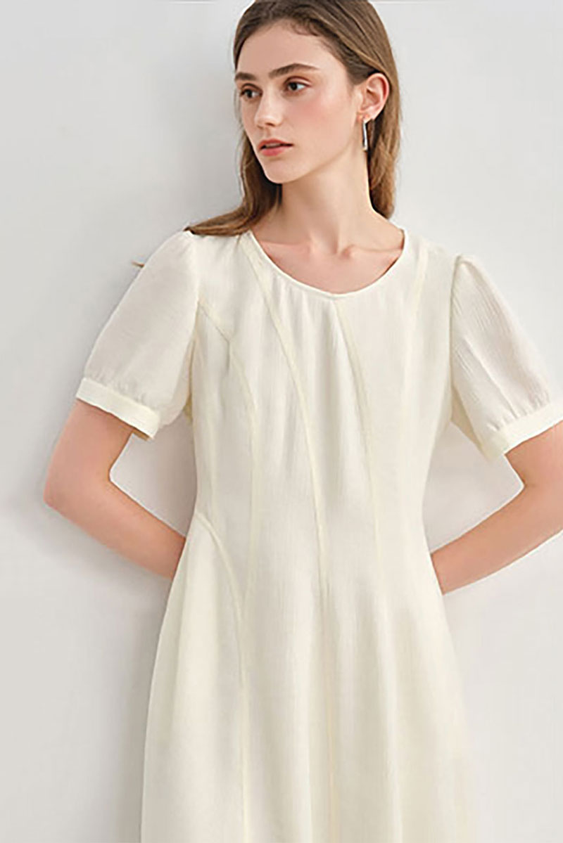 White Short-Sleeve A-Line Midi Dress