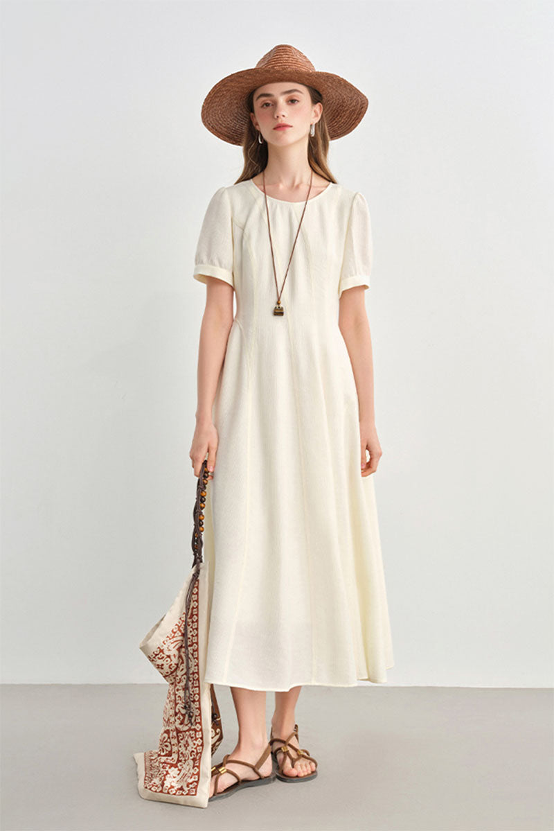 White Short-Sleeve A-Line Midi Dress
