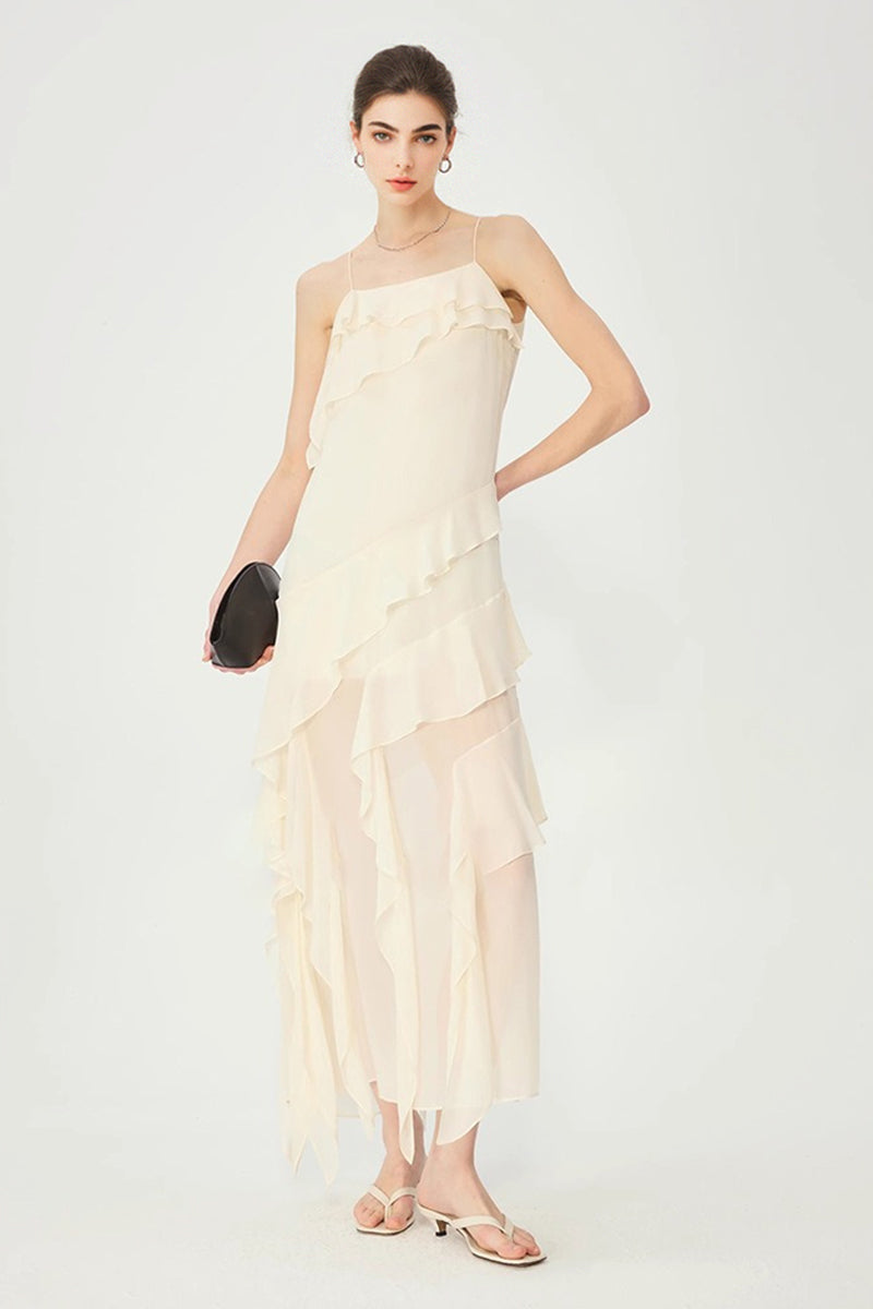 White Silk-Blend Ruffle Slip Maxi Dress