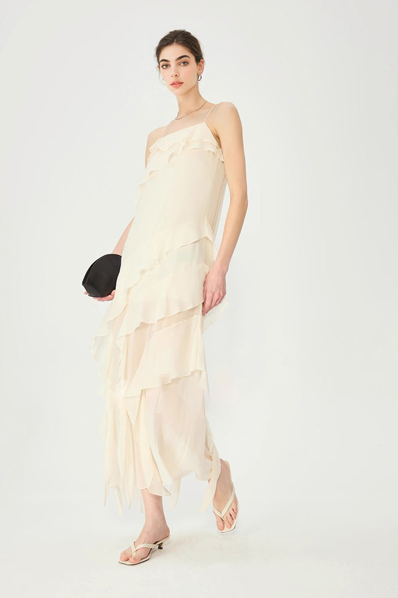 White Silk-Blend Ruffle Slip Maxi Dress