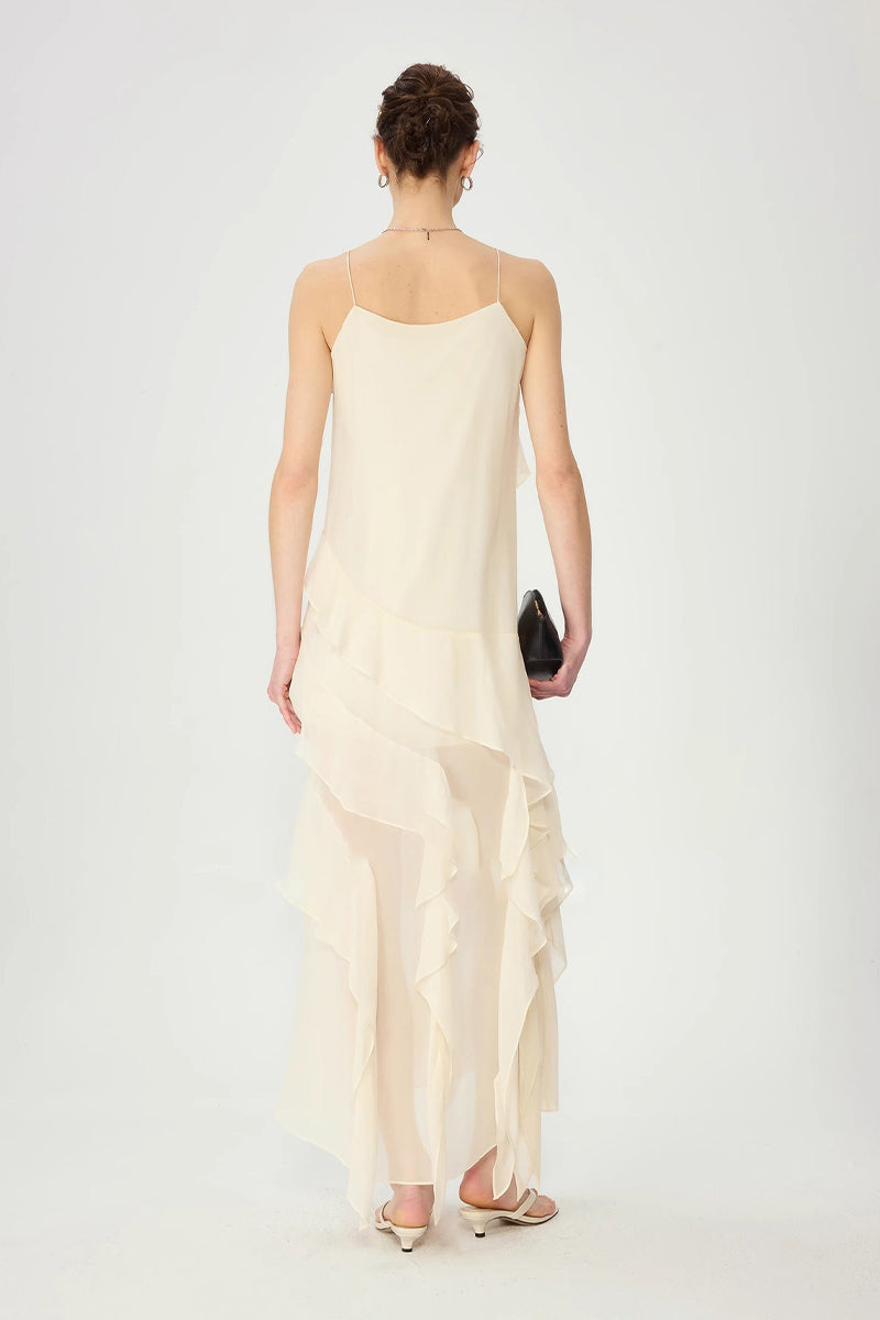 White Silk-Blend Ruffle Slip Maxi Dress