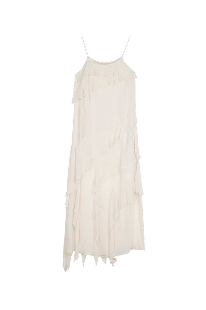 White Silk-Blend Ruffle Slip Maxi Dress