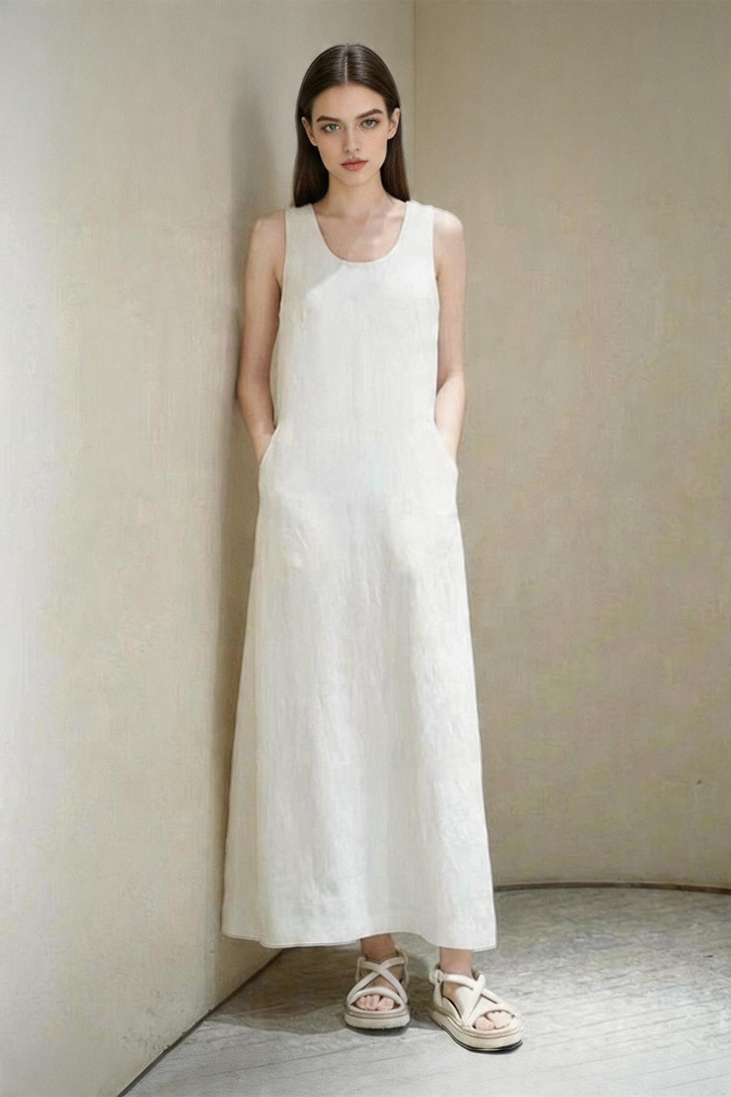 White Silk-Linen Sleeveless Maxi Dress with Pockets