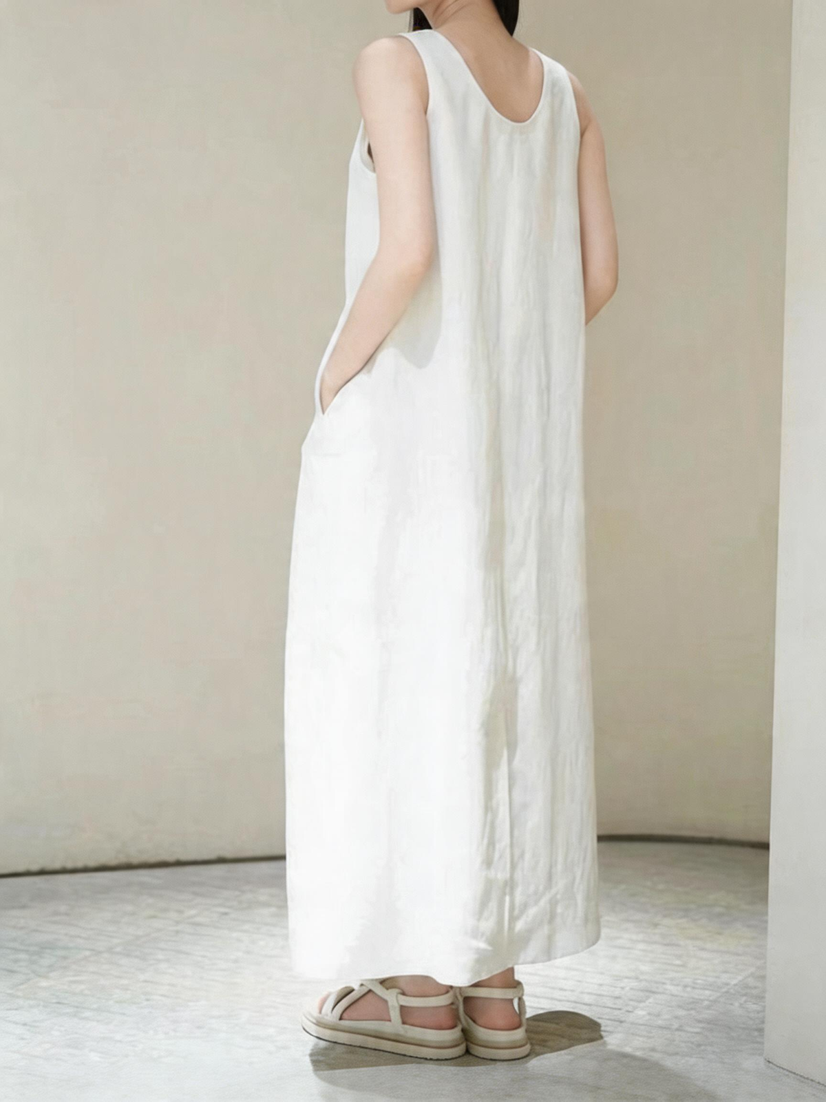 White Silk-Linen Sleeveless Maxi Dress with Pockets