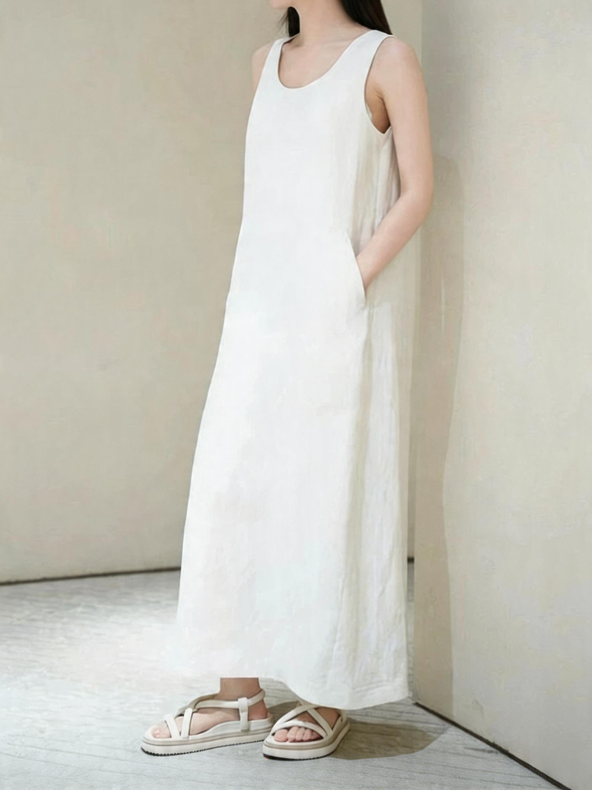 White Silk-Linen Sleeveless Maxi Dress with Pockets