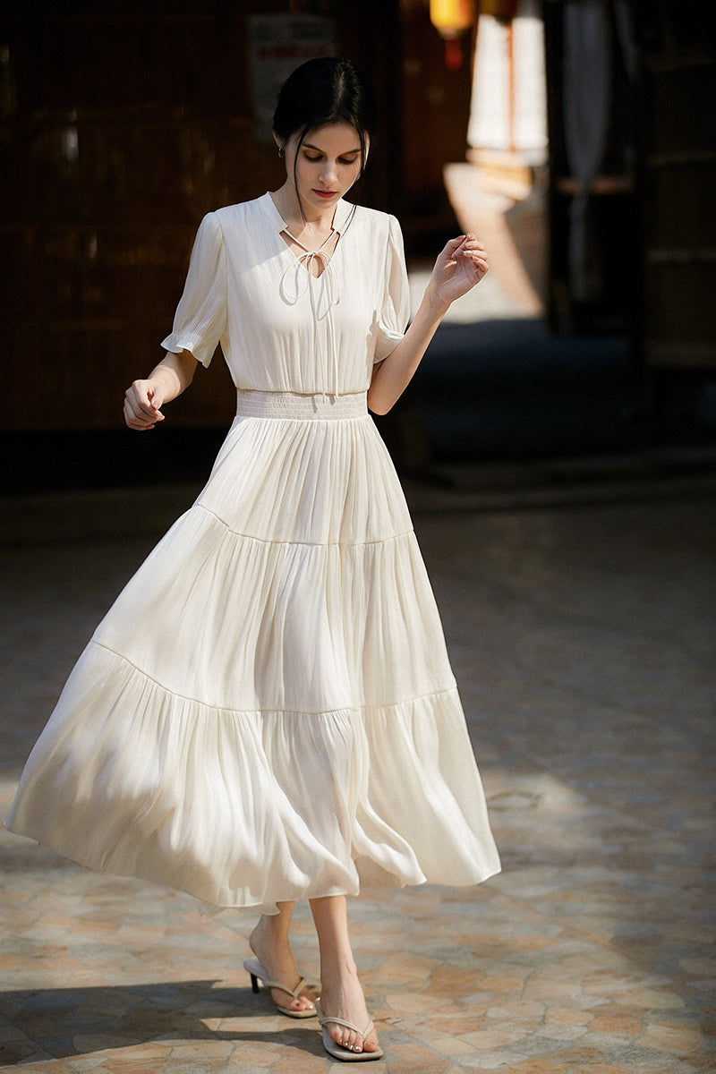 White Silky Tiered Puff-Sleeve Maxi Dress