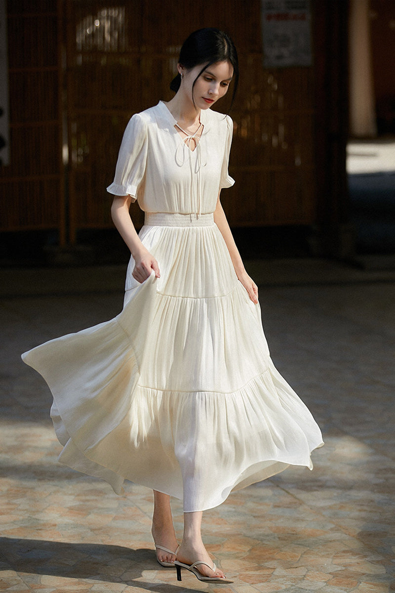 White Silky Tiered Puff-Sleeve Maxi Dress