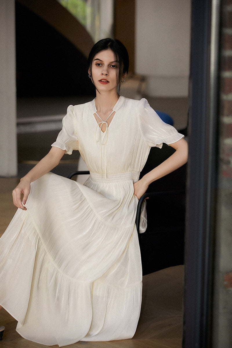 White Silky Tiered Puff-Sleeve Maxi Dress