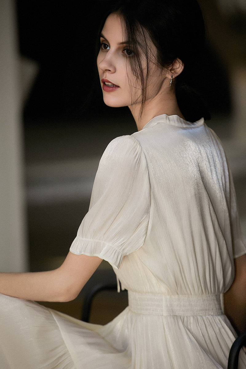 White Silky Tiered Puff-Sleeve Maxi Dress