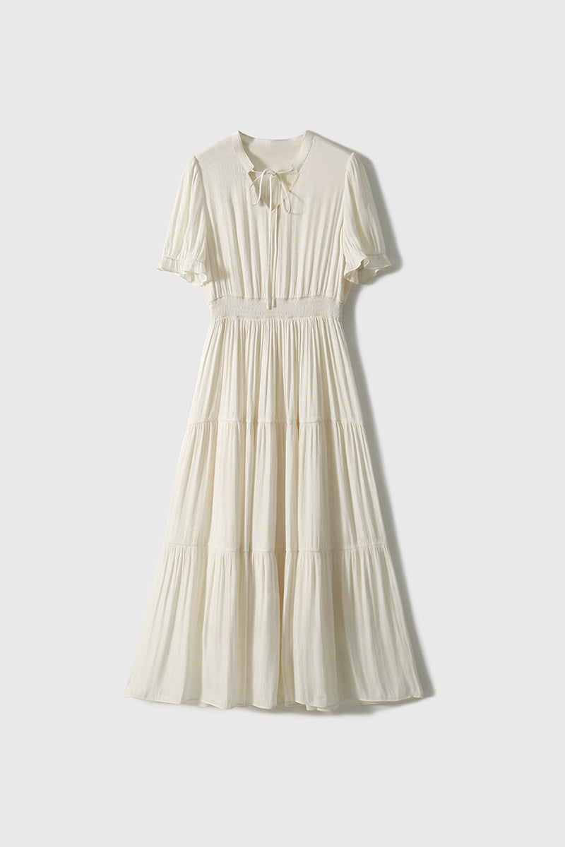 White Silky Tiered Puff-Sleeve Maxi Dress
