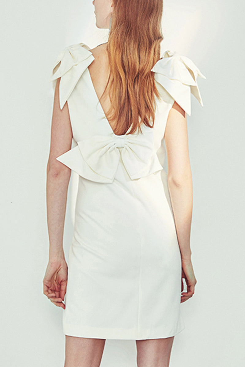 White Sleeveless Backless Bow Mini Dress