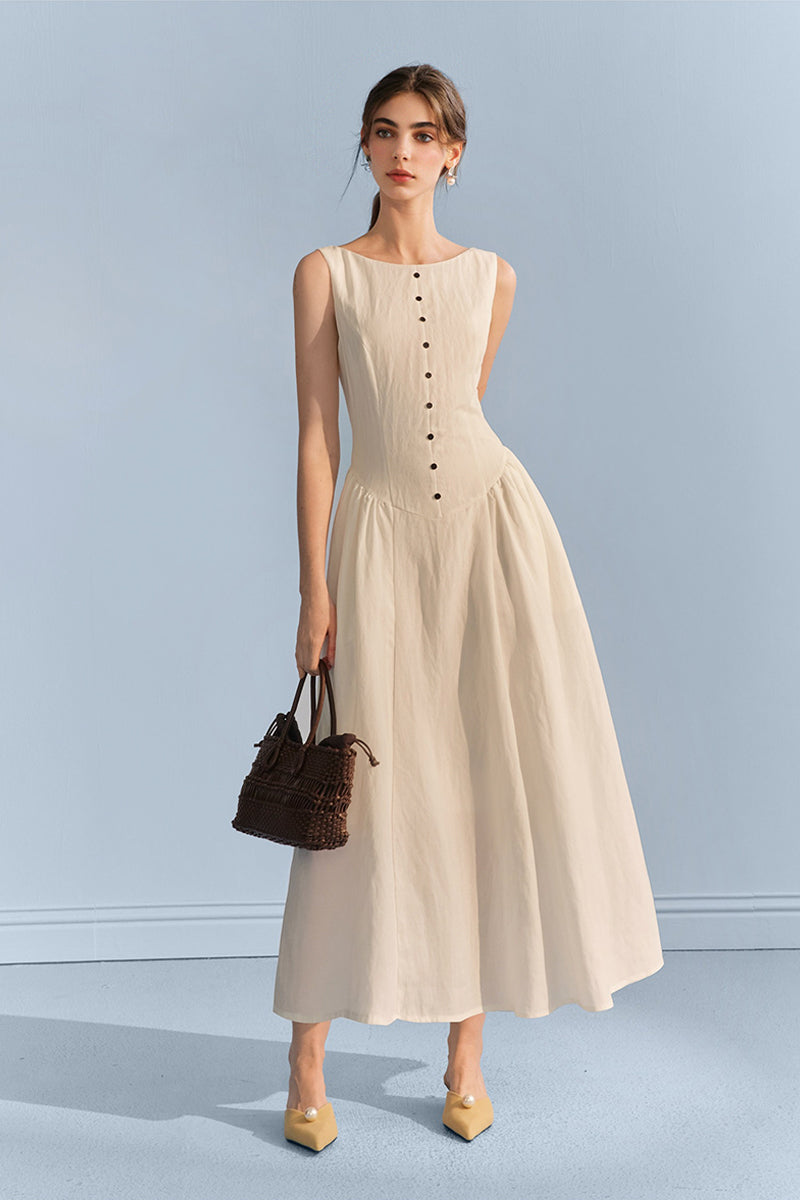 White Sleeveless Cinched Waist Maxi Dress with Button Details