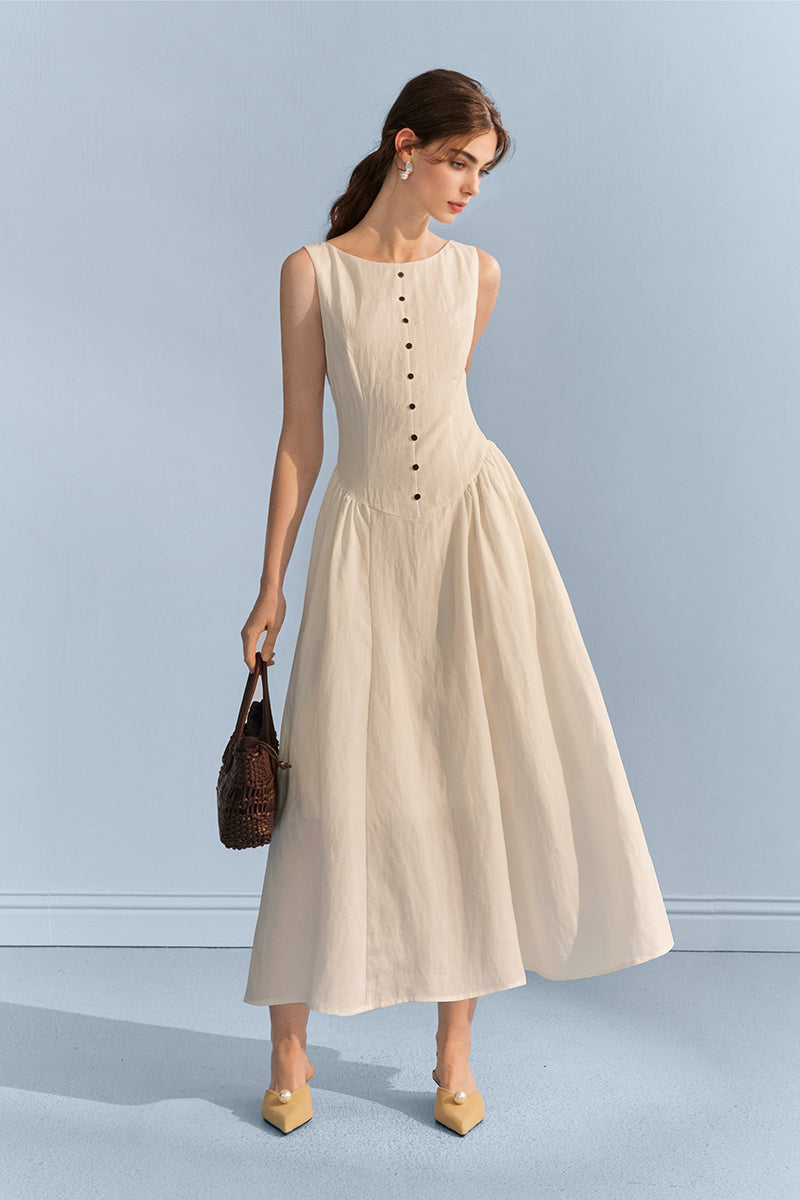 White Sleeveless Cinched Waist Maxi Dress with Button Details