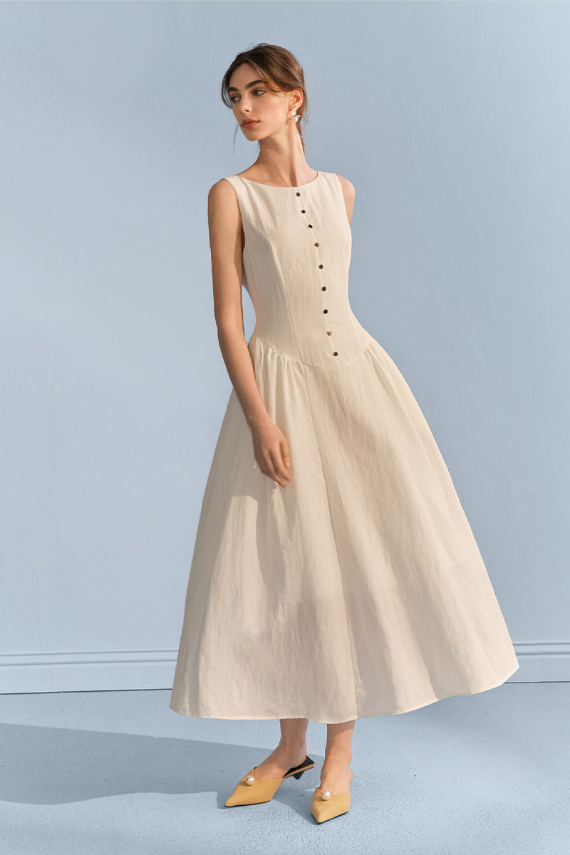 White Sleeveless Cinched Waist Maxi Dress with Button Details