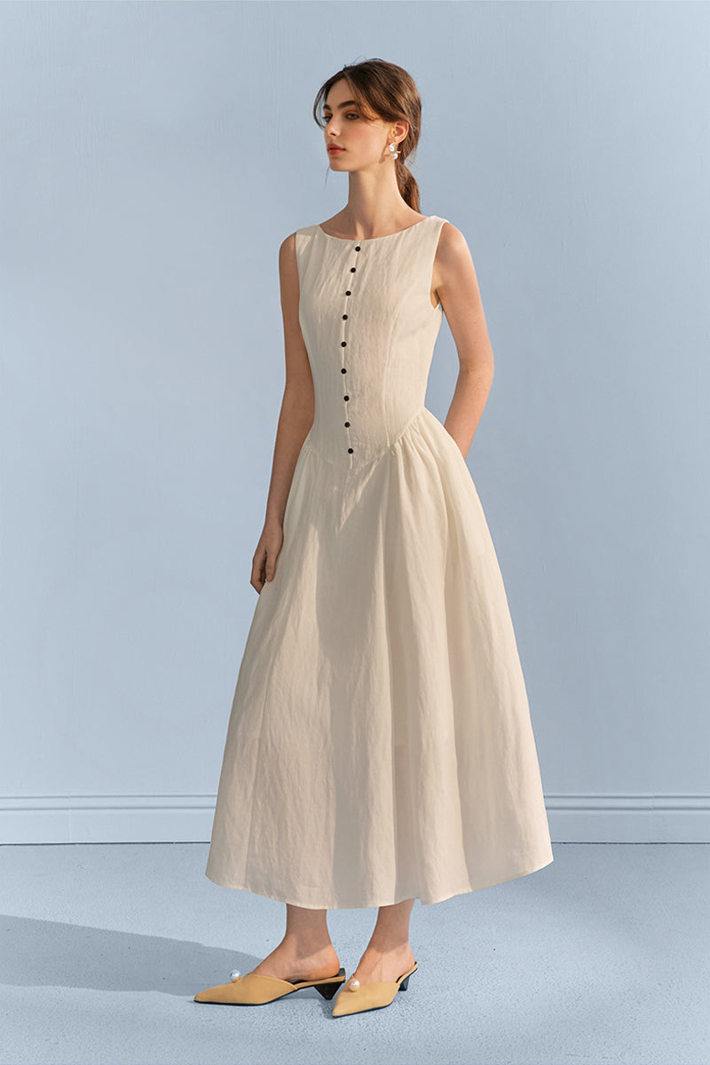 White Sleeveless Cinched Waist Maxi Dress with Button Details