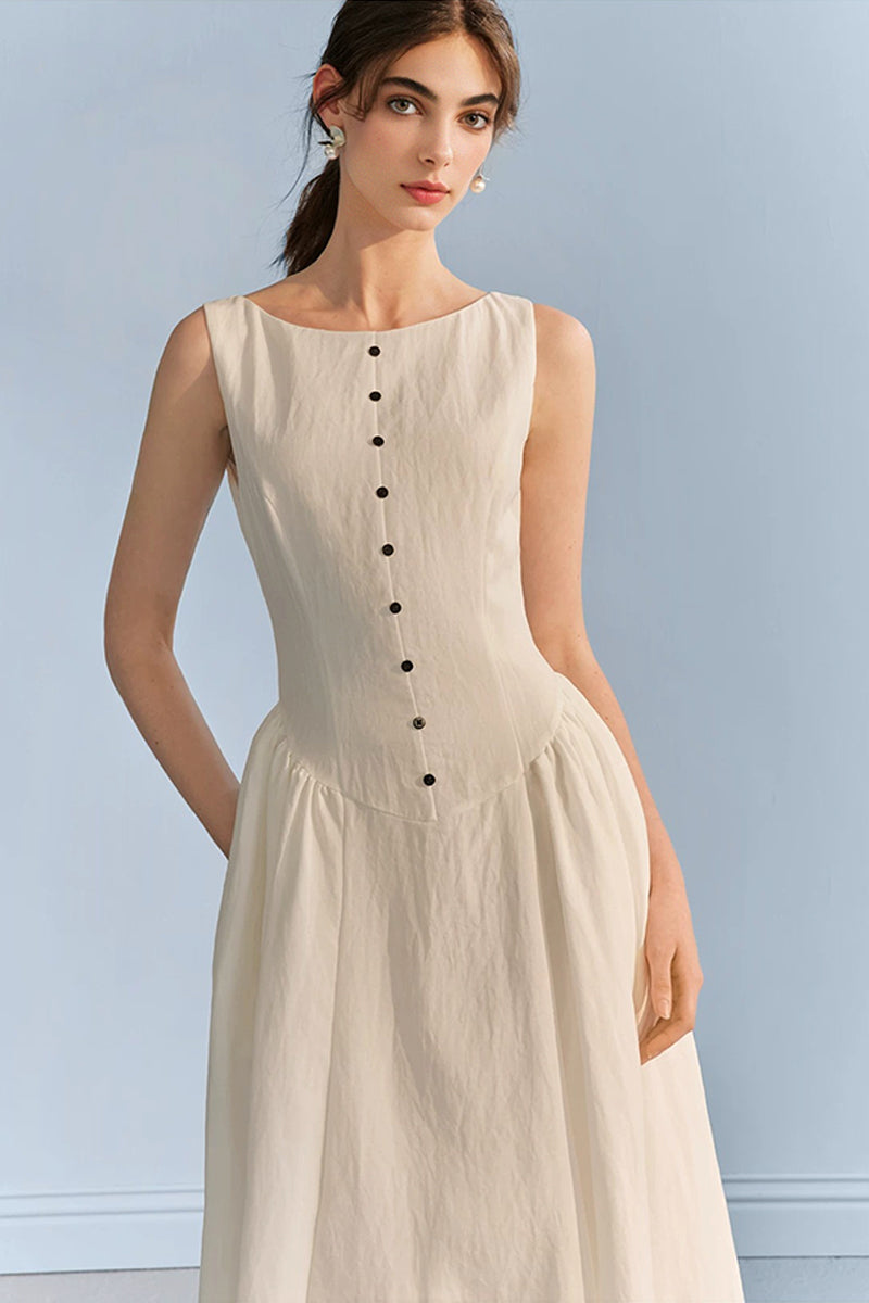 White Sleeveless Cinched Waist Maxi Dress with Button Details