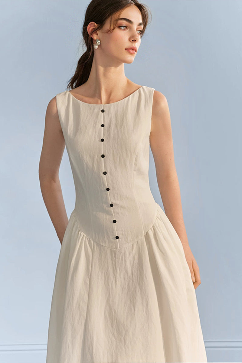 White Sleeveless Cinched Waist Maxi Dress with Button Details