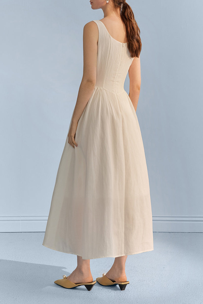 White Sleeveless Cinched Waist Maxi Dress with Button Details
