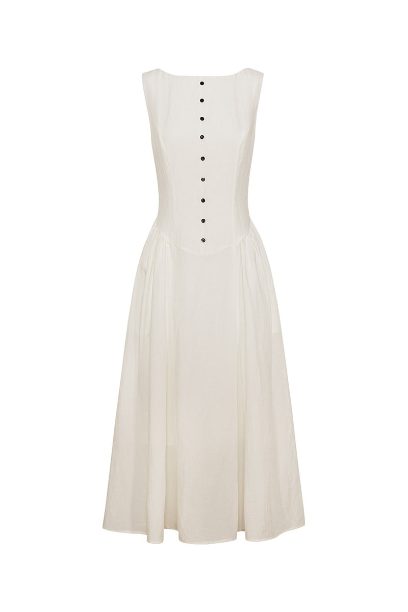 White Sleeveless Cinched Waist Maxi Dress with Button Details