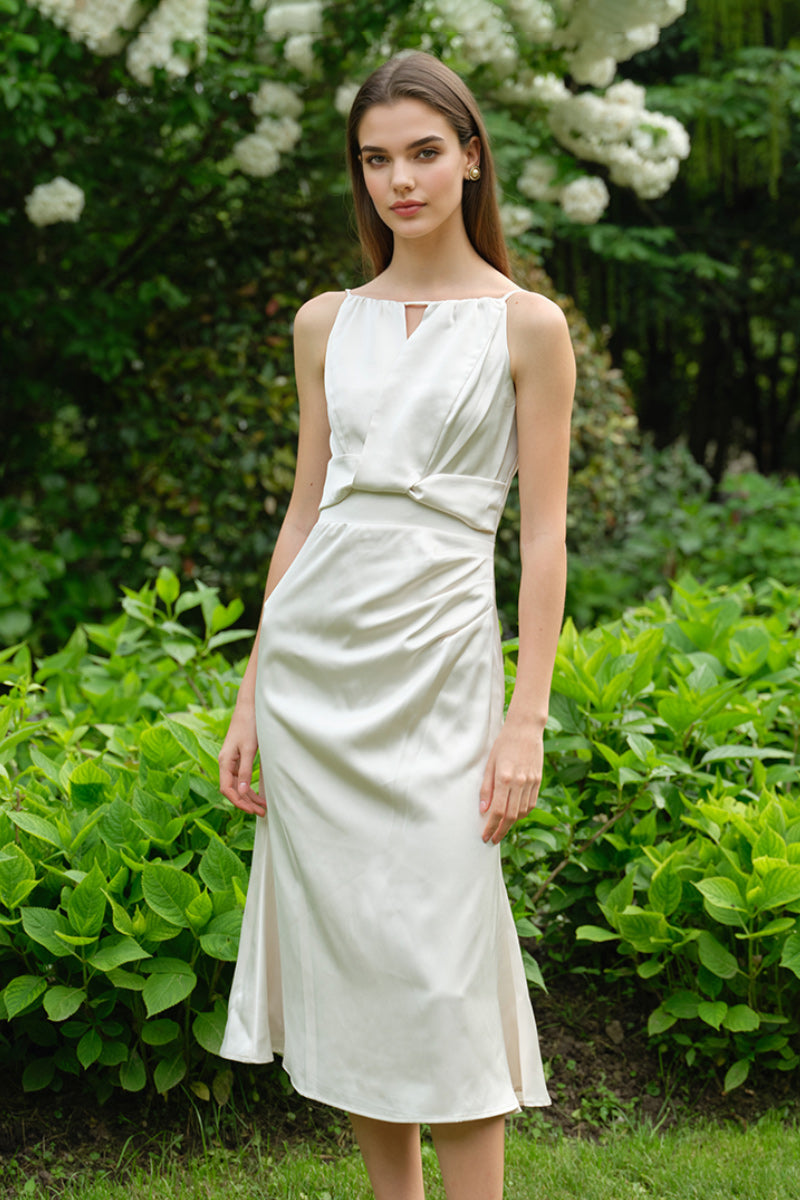 White Sleeveless Keyhole Midi Graduation Dress